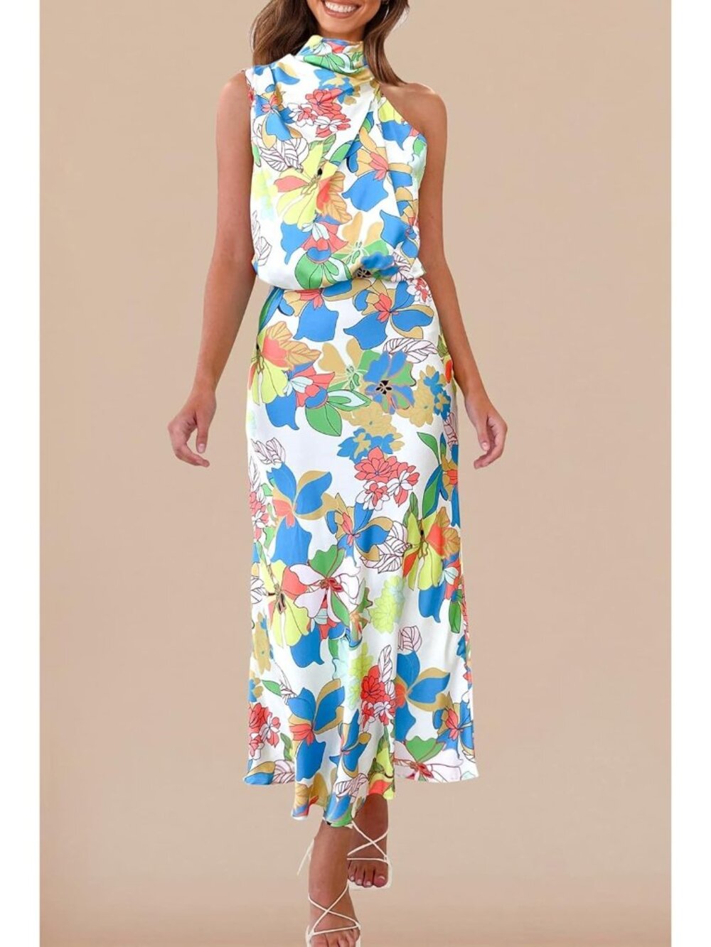 Women Print Multicolored Satin Elegant Sleeveless Mock Neck Cocktail Maxi Dress - Picture 6 of 6